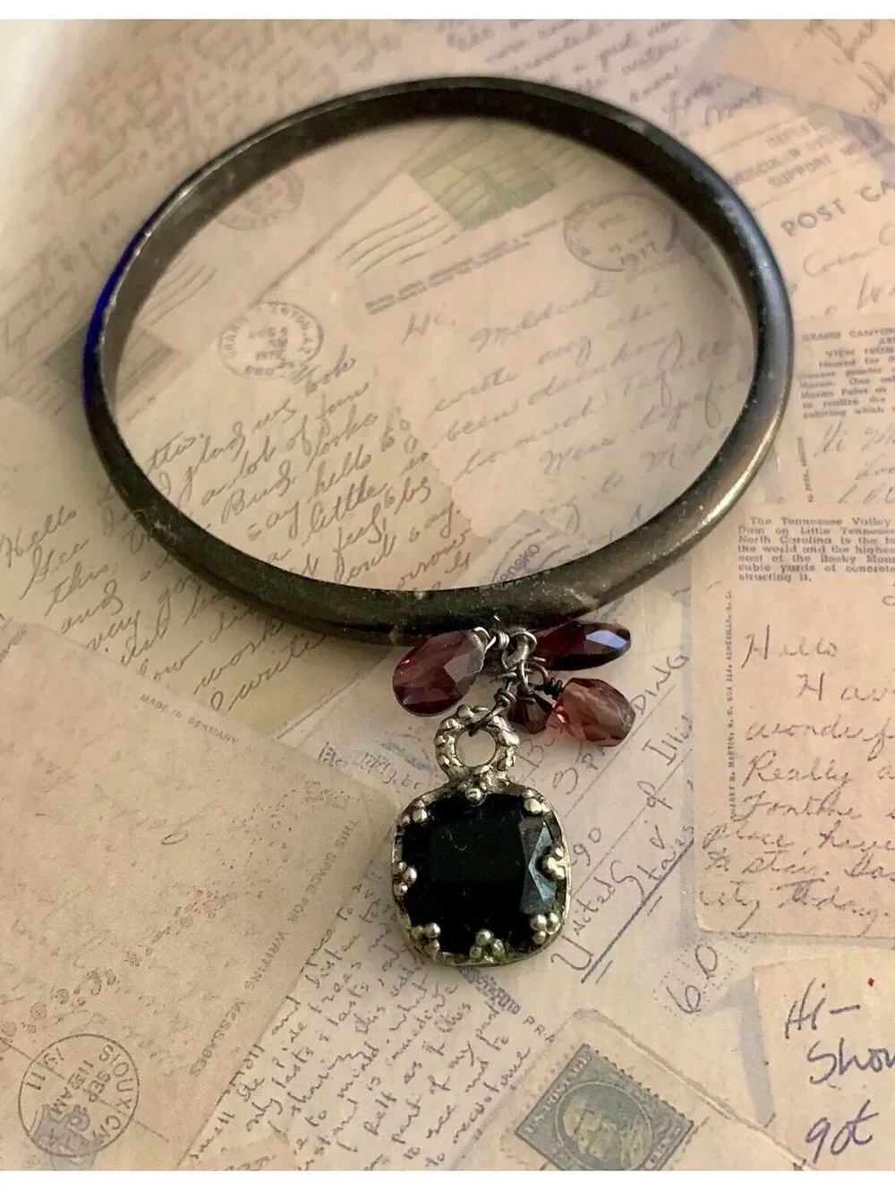 Vintage bohemian Ornate Metal Charm Bangle Bracelet Purple Crystals & Medallion